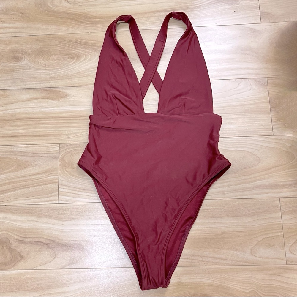 Low v-neck bikini one-piece burgundy - medium